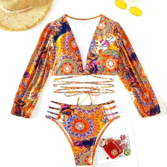 Callie Gypsy Sleeve: Multicolor Paisley Padded Plunge V-Neck Wrap Around Bikini - Picture 9 of 17